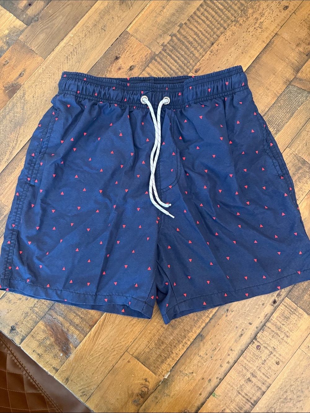 Men's Navy Swim Trunks with Red Micro Triangle Print